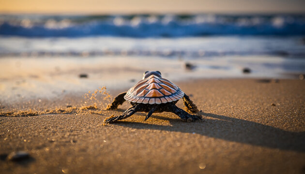 Baby Sea Turtle Hatchling Crawling Towards Ocean Waves on Sandy Beach at Sunrise