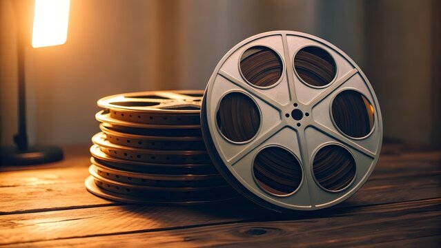 Stack Of Vintage Film Reels Labeled &ldquo;Ad Campaigns&rdquo; Glinting Beneath A Warm Spotlight, Evoking Nostalgia, Creative Legacy, And The Golden Era Of Marketing And Visual Storytelling