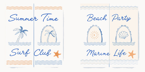 Charming hand drawn summer beach party and surf club illustrations with marine life elements