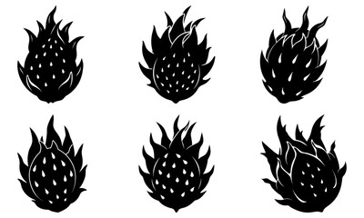 Silhouette illustration of six dragon fruits with spiky leaves in a minimalist design style art