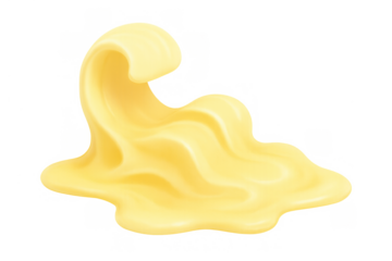 Dripping yellow cream forming a wavy sweet dessert topping or sauce liquid puddle on transparent background