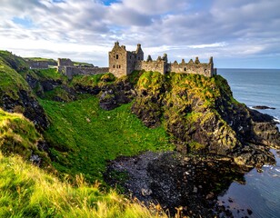 A historic stone structure perched atop a rugged, green cliff overlooking a vast ocean under a cloudy sky