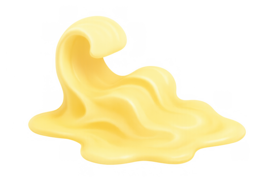 Dripping yellow cream forming a wavy sweet dessert topping or sauce liquid puddle on transparent background