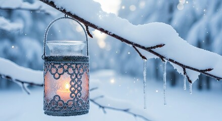 Winter Snowfall Lantern Hanging on Snowy Branch with Icicles