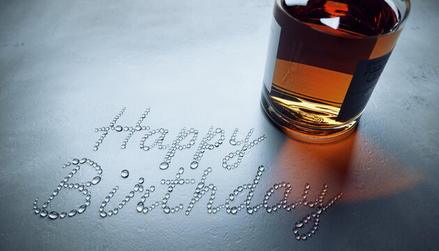 誕生日 ウイスキー カウンターに水滴で描かれた文字「Happy Birthday」 - Powered by Adobe
