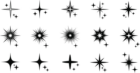 Collection of abstract black starbursts and sparkles with a hand drawn grunge texture on a white background