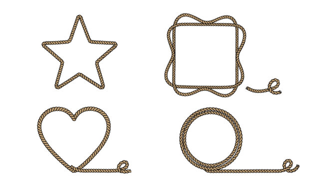 Set of braided rope frames, including star, heart, wavy square, and circular designs, with decorative knots and loops, isolated on white.