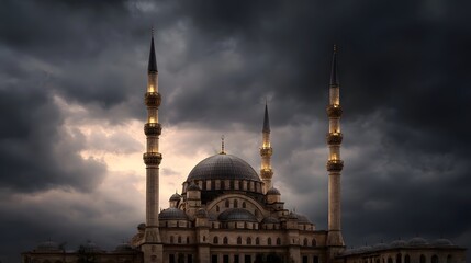 Fototapeta premium A majestic Islamic mosque with illuminated minarets and grand domes set against a dramatic dark and cloudy sky
