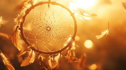 Dreamcatcher with feathers floating in golden sunlight, evoking peace and serenity in nature