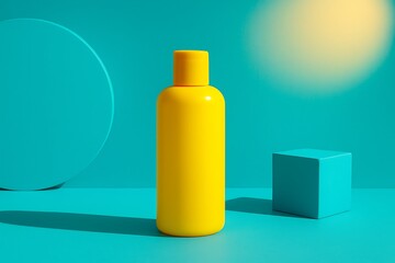 Vibrant yellow toner bottle in an aqua-themed studio with minimal shapes, bold shadows, and soft sun-glow lighting—ideal for skincare and product ads.

