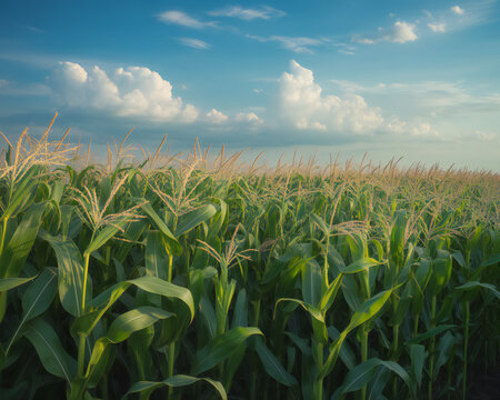 Vast green cornfield under a blue sky with white clouds