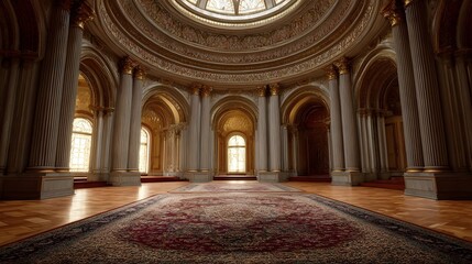 Obraz premium A majestic ornate domed hall with grand columns arched and luxurious carpets showcasing opulent classical architecture