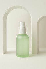Soft frosted green spray bottle placed within clean white arches, creating a calm spa-inspired scene with minimal design and gentle diffused lighting.
