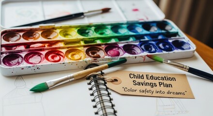 Watercolor palette and paint brushes on a work surface