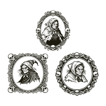 Set of three sinister vintage engraving portraits of an evil, haggard old witch or sorceress, each framed within an ornate, gothic border decorated with human skulls and crossbones