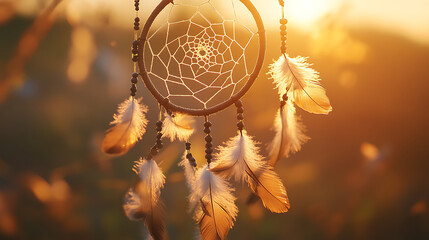 Dreamcatcher with feathers, bathed in golden sunlight, evokes peace and tranquility