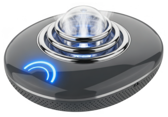 Futuristic oval device with glowing blue light isolated on transparent background