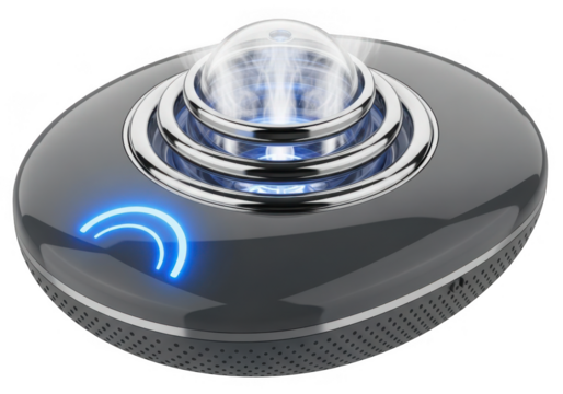 Futuristic oval device with glowing blue light isolated on transparent background