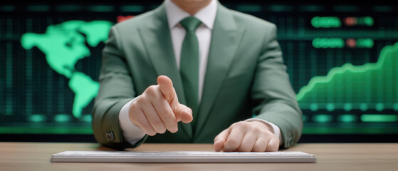 Green suit businessman pointing at camera with financial chart background, confident expression
