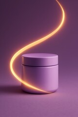 Lavender cosmetic jar illuminated by a glowing golden ribbon light, creating an elegant feminine aesthetic ideal for beauty, skincare, and luxury branding.
