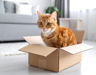 An orange tabby cat sits calmly inside a cardboard box. The background shows a living room with a couch and houseplants