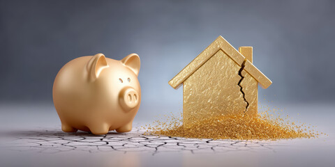 Gold piggy bank and cracked gold house in financial decline, anxious mood
