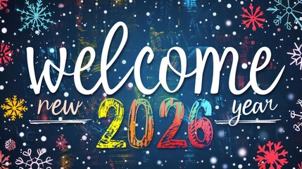 Naklejka premium Welcome new year 2026 festive text with decorative snowflakes design