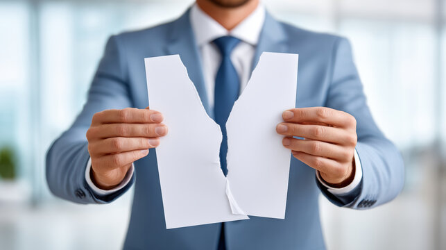 Businessman holding torn paper with emotional tension and conflict