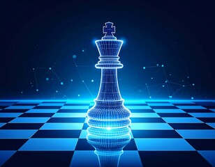 A digital chess king glows with a blue outline against a checkered board. Sparse connecting dots add to the futuristic feel