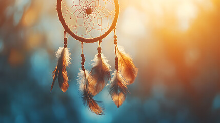 Dreamcatcher with feathers bathed in warm sunlight, evoking peace and tranquility for your brand