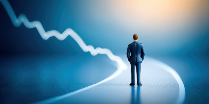 Businessman figurine facing downward stock chart line, contemplative mood