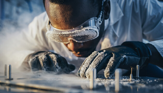 Scientist Working with Dry Ice and Frosty Goggles in Laboratory