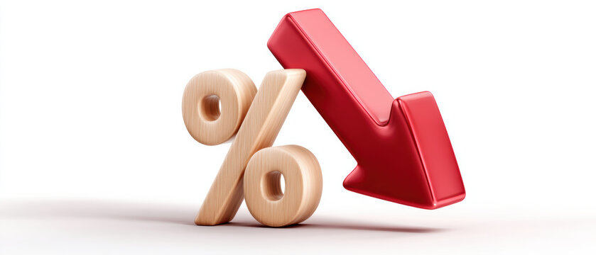 Falling interest rate percent symbol with red downward arrow expressing decline