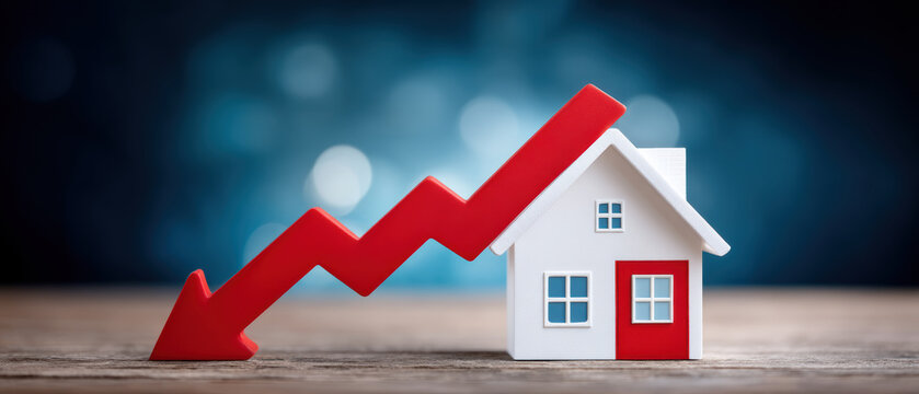 Red arrow graph pointing down beside small house model conveying falling housing market