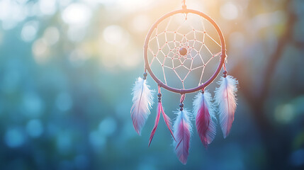 Dreamcatcher with feathers, sunlight filtering, serene atmosphere, boho decor, spiritual concept