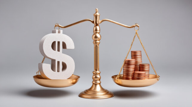 Golden balance scale with dollar symbol and coin stacks symbolizing financial value - Powered by Adobe