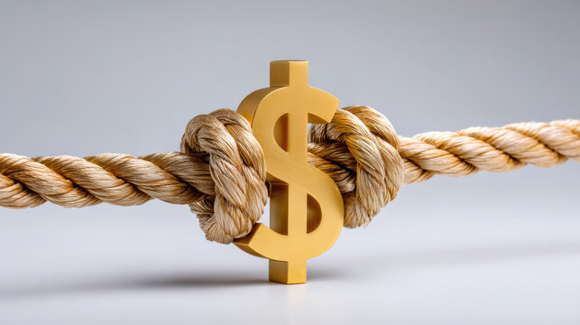 Gold dollar symbol tied in rope knot conveying financial tension and constraint