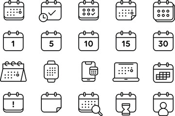 Calendar icon set in thin line design with editable stroke - minimalist vector collection