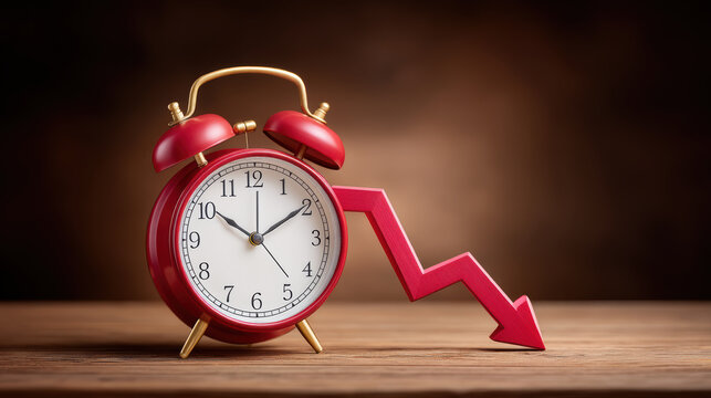 Red alarm clock with downward arrow symbolizing time pressure and decreasing productivity
