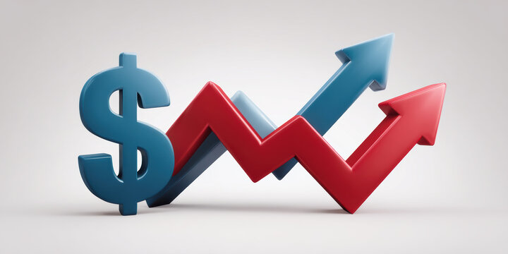 Blue dollar symbol with red and blue rising arrows showing financial growth and market trend