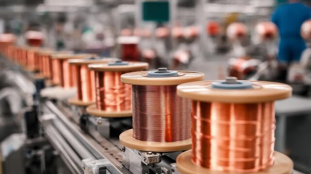 Detailed view of copper wire spools moving along a production line in an industrial facility focused on wire manufacturing