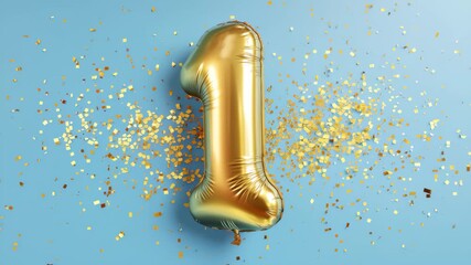 Gold number one balloon surrounded by colorful confetti on a bright blue background for a joyful celebration or milestone event