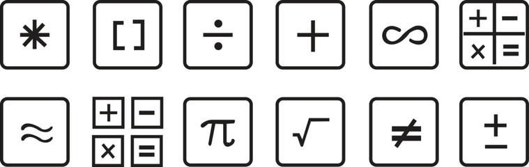 set of 12 math symbols icons. outline thin line icons such as plus, square root, math, infinity, divide, brackets, isolated on transparent background