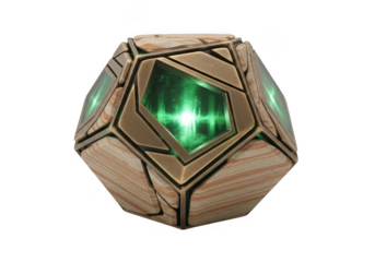 Geometric wooden orb with glowing green lights isolated on transparent background