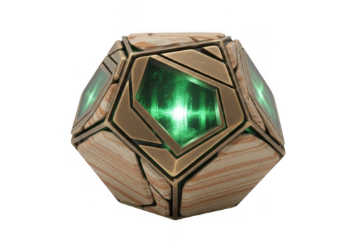 Geometric wooden orb with glowing green lights isolated on transparent background