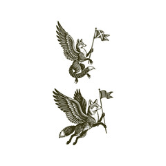 Obraz premium Vintage engraving illustration of a mythological winged fox or flying fox holding a decorative flag or banner vector template