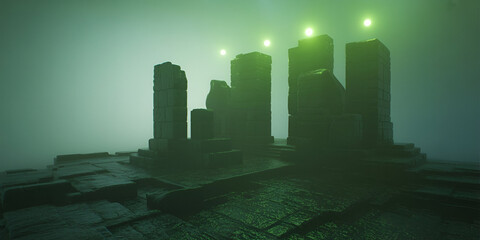 A low-angle shot of ruined structures in a misty, green-lit landscape with glowing orbs above them.