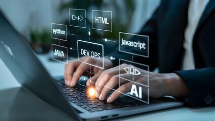 A person typing on a laptop with glowing digital overlays showing multiple programming languages and a central dev ops label in a tech workspace
