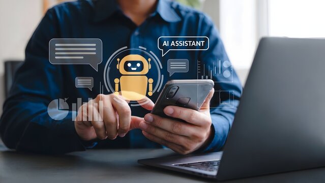 A person using a smartphone and laptop surrounded by glowing holographic ai assistant icons speech bubbles and data visualizations in a workspace