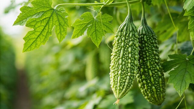 Fresh green bitter gourds hanging on the vine in lush garden, perfect for healthy recipes and organic food promotions